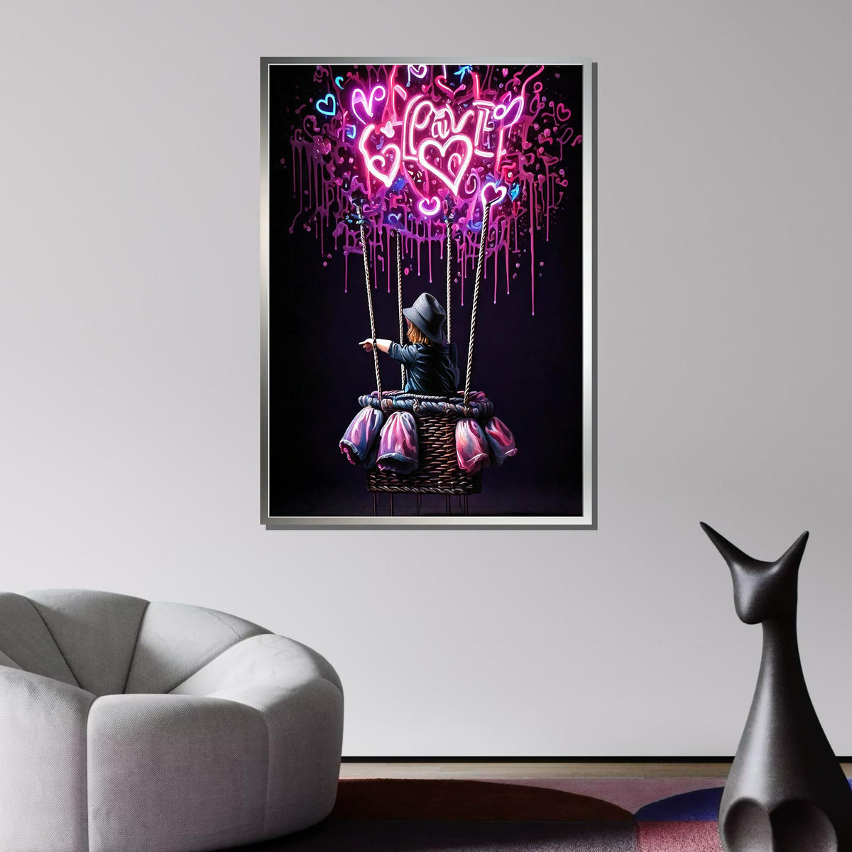 Neon Love Balloon Art, Whimsical Graffiti Heart Painting, Vibrant Romantic Wall Decor, Modern Love-Themed Canvas, Urban Street Art Gift