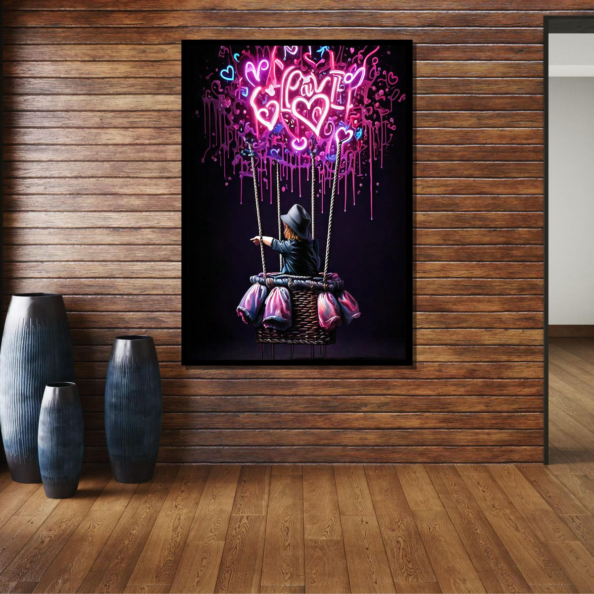 Neon Love Balloon Art, Whimsical Graffiti Heart Painting, Vibrant Romantic Wall Decor, Modern Love-Themed Canvas, Urban Street Art Gift