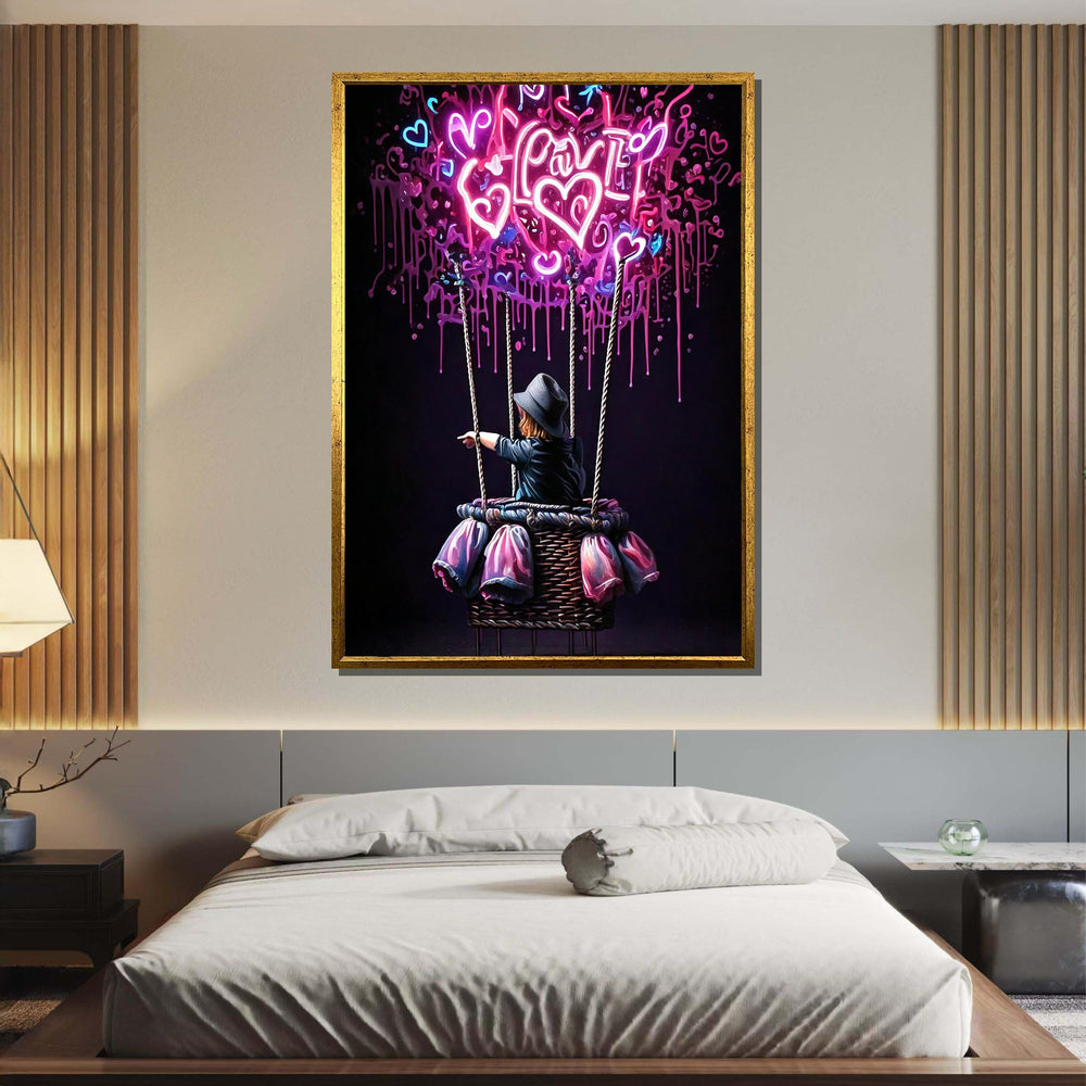 Neon Love Balloon Art, Whimsical Graffiti Heart Painting, Vibrant Romantic Wall Decor, Modern Love-Themed Canvas, Urban Street Art Gift