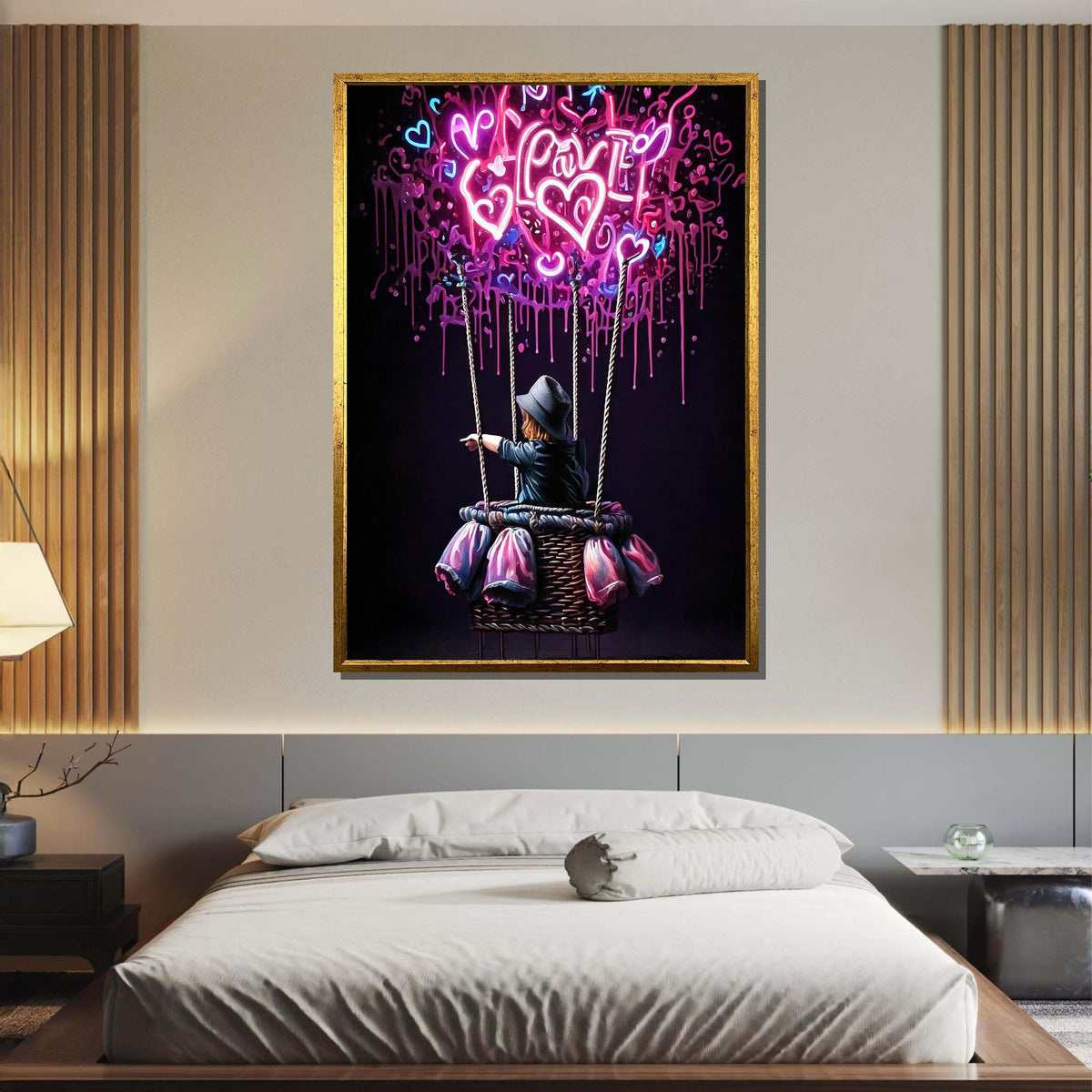 Neon Love Balloon Art, Whimsical Graffiti Heart Painting, Vibrant Romantic Wall Decor, Modern Love-Themed Canvas, Urban Street Art Gift
