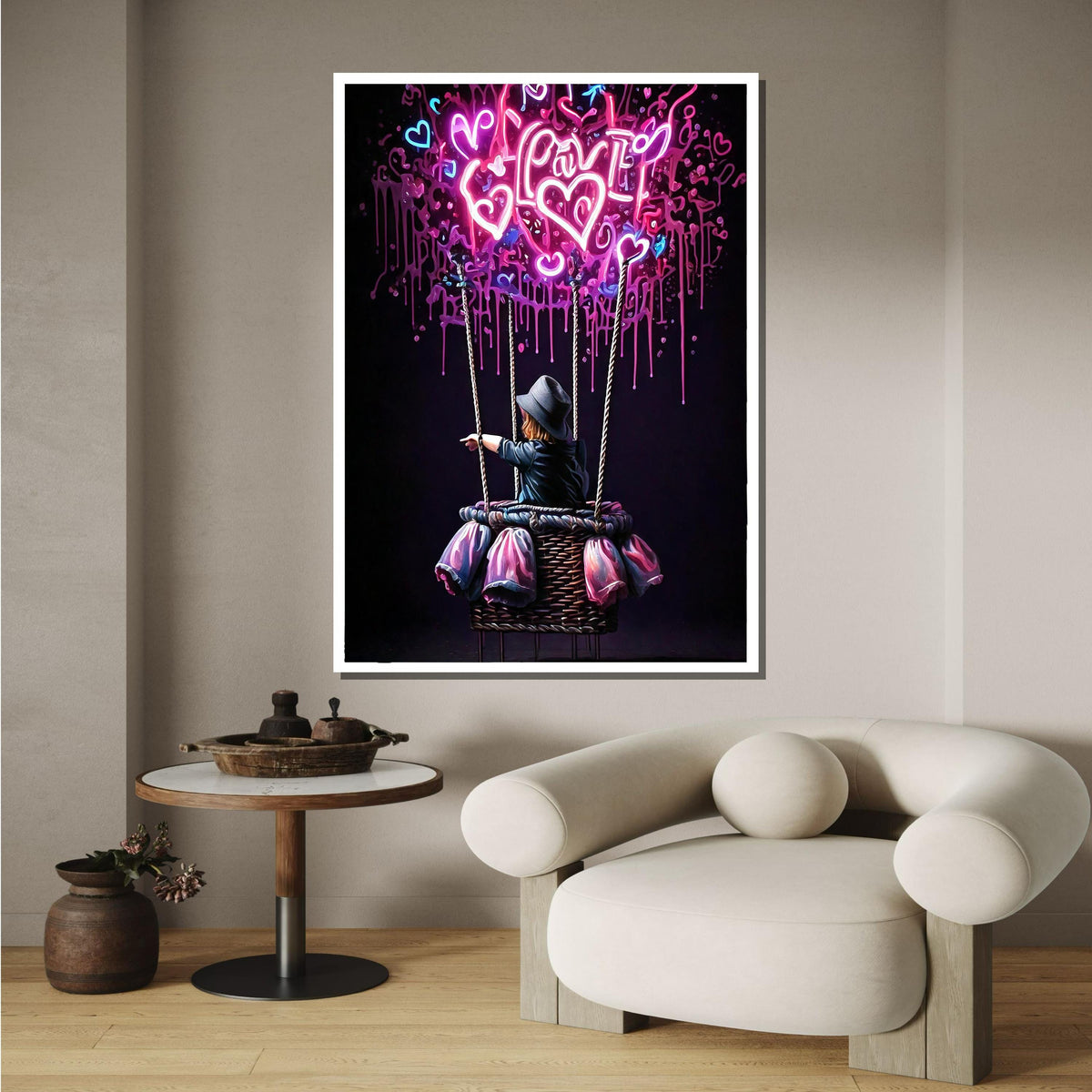 Neon Love Balloon Art, Whimsical Graffiti Heart Painting, Vibrant Romantic Wall Decor, Modern Love-Themed Canvas, Urban Street Art Gift