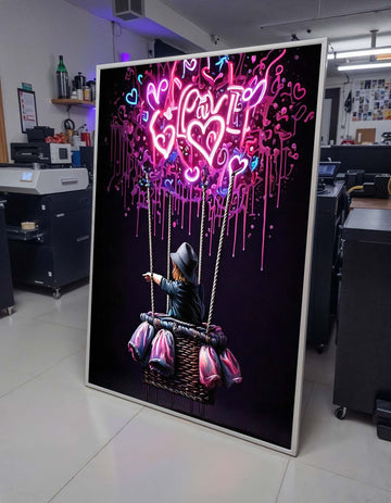 Neon Love Balloon Art, Whimsical Graffiti Heart Painting, Vibrant Romantic Wall Decor, Modern Love-Themed Canvas, Urban Street Art Gift