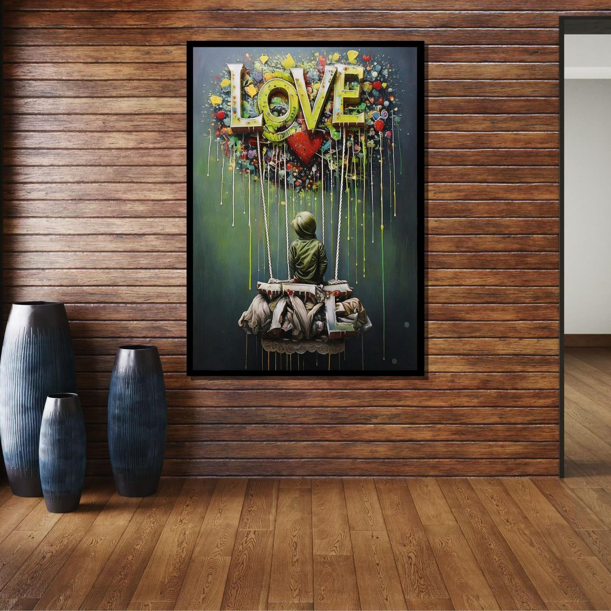 Abstract Love Balloon Art, Graffiti Love-Themed Wall Decor, Colorful Hot Air Balloon Painting, Urban Modern Canvas, Romantic Art Gift