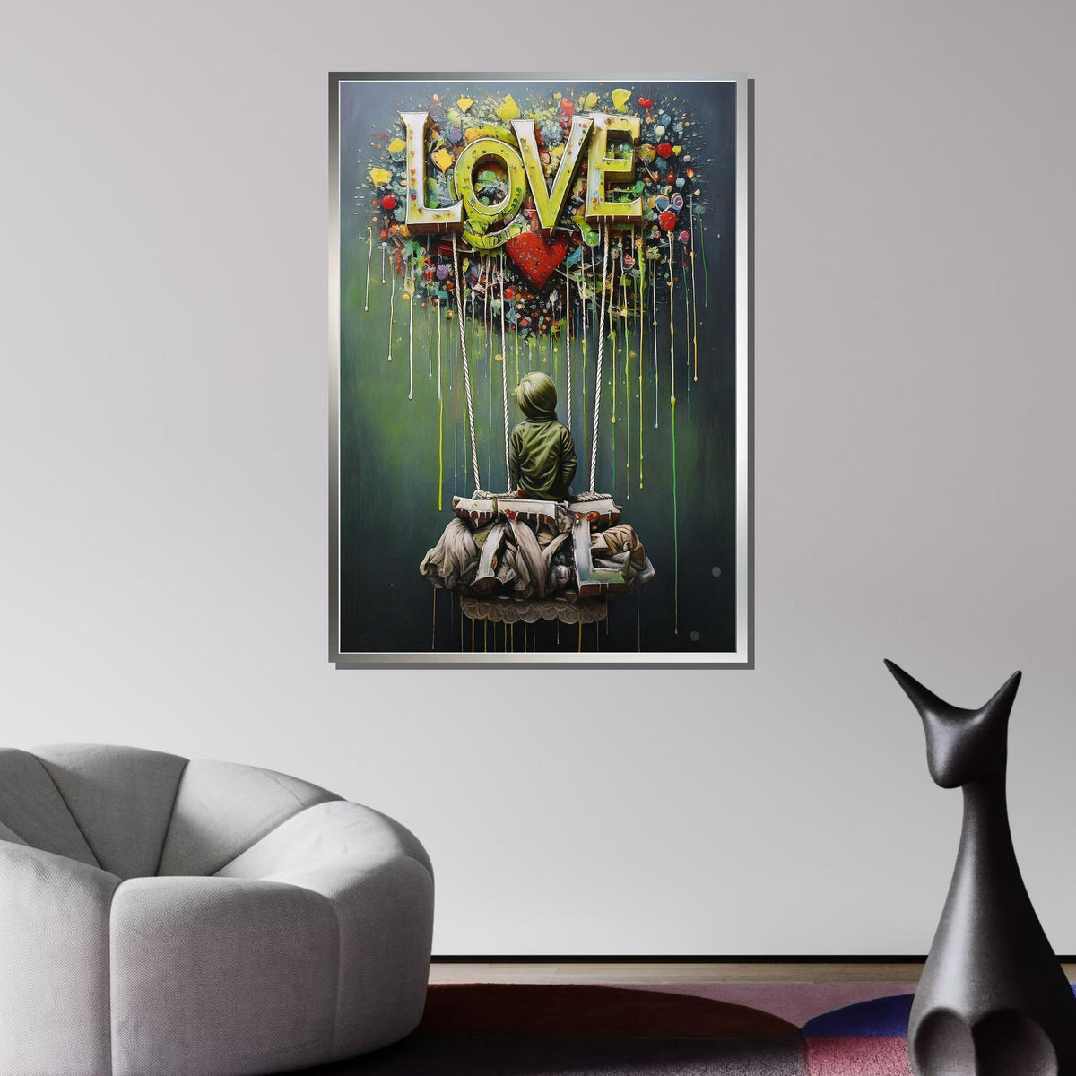 Abstract Love Balloon Art, Graffiti Love-Themed Wall Decor, Colorful Hot Air Balloon Painting, Urban Modern Canvas, Romantic Art Gift