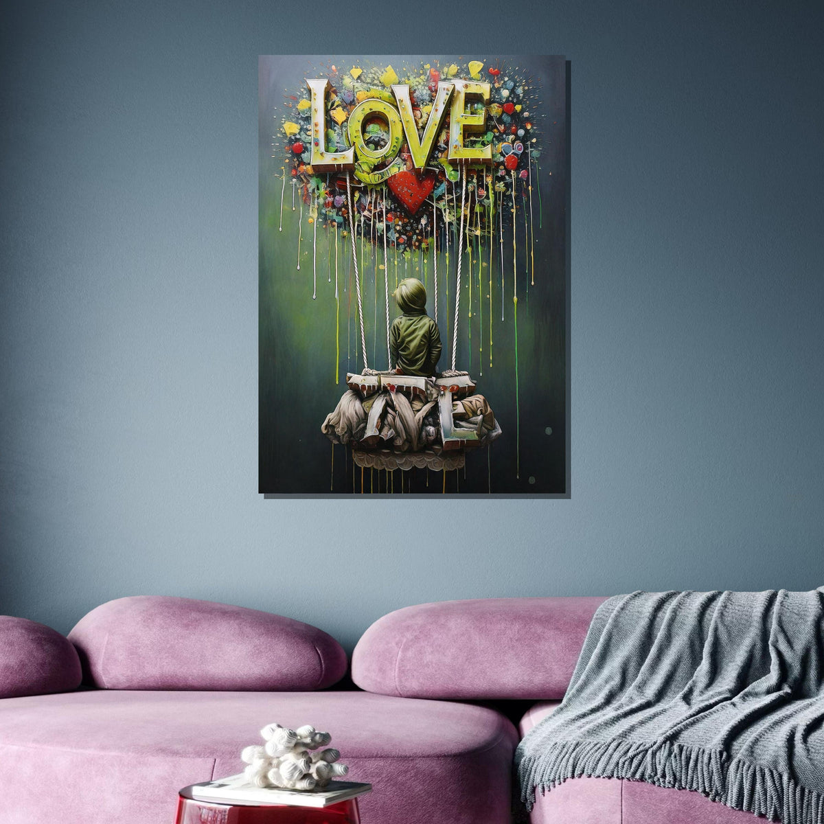 Abstract Love Balloon Art, Graffiti Love-Themed Wall Decor, Colorful Hot Air Balloon Painting, Urban Modern Canvas, Romantic Art Gift