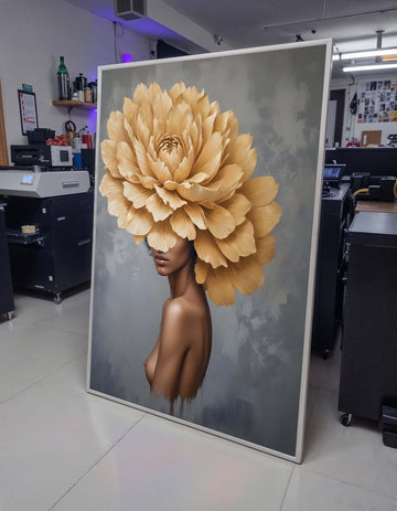 Floral Woman Art, Elegant Woman with Giant Flower Head - Botanical Surreal Portrait Art, Large Wall Art for Living Room,Framed Ready to Hang