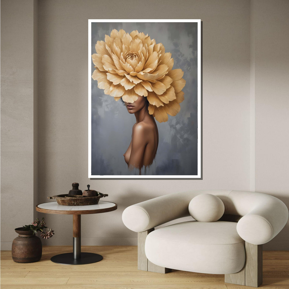 Floral Woman Art, Elegant Woman with Giant Flower Head - Botanical Surreal Portrait Art, Large Wall Art for Living Room,Framed Ready to Hang