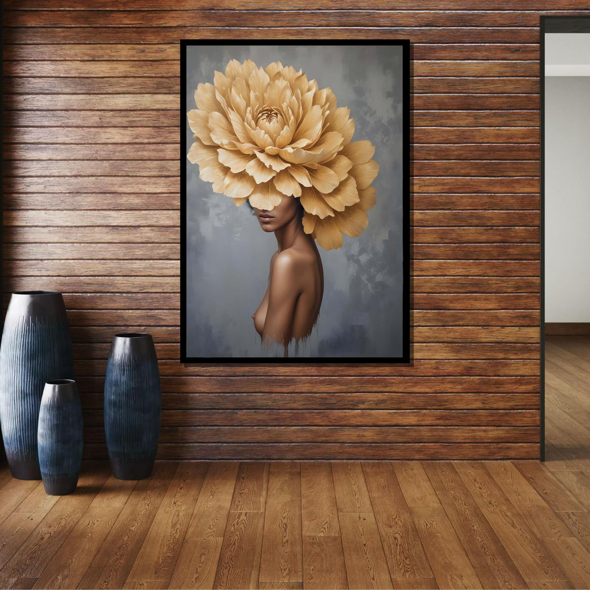 Floral Woman Art, Elegant Woman with Giant Flower Head - Botanical Surreal Portrait Art, Large Wall Art for Living Room,Framed Ready to Hang