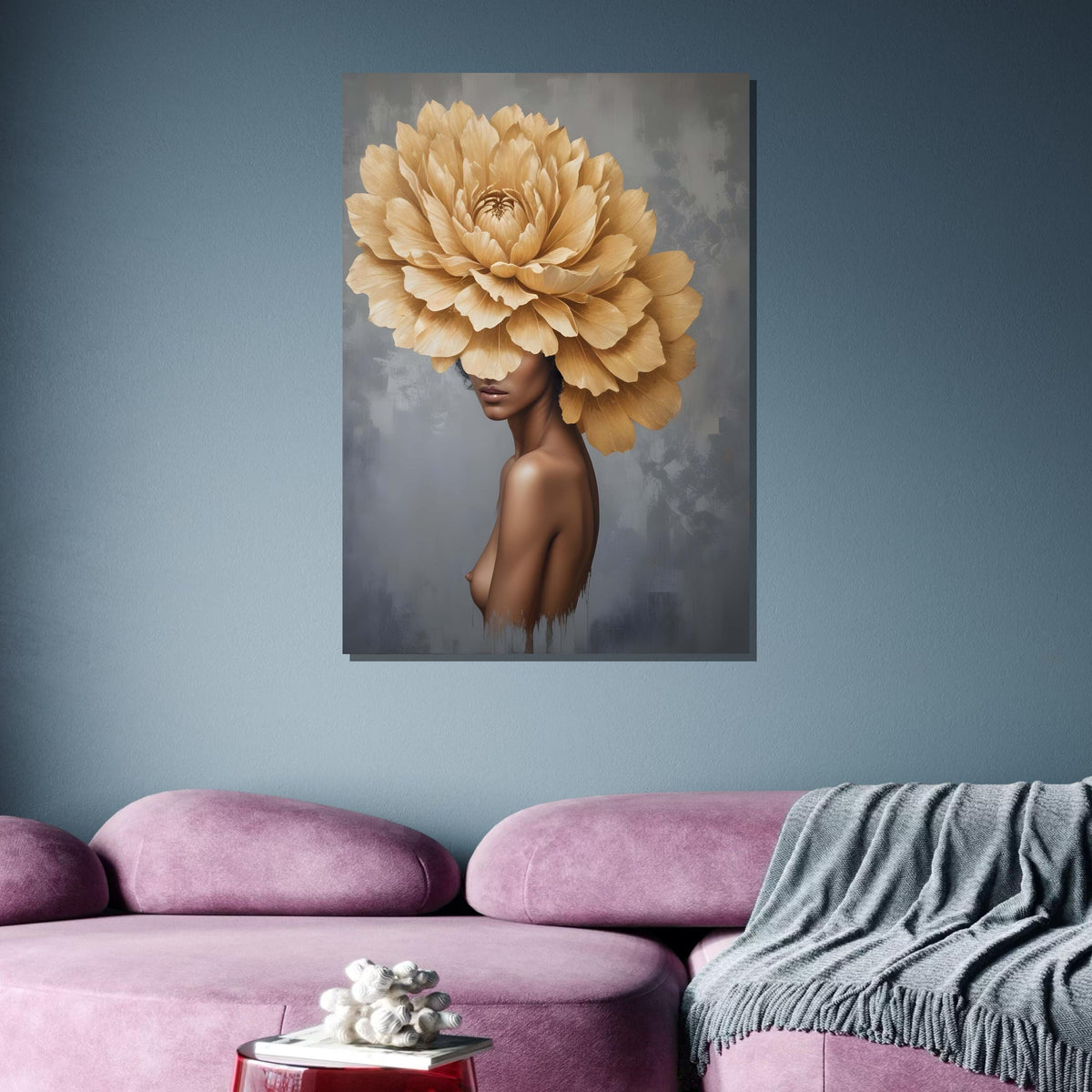 Floral Woman Art, Elegant Woman with Giant Flower Head - Botanical Surreal Portrait Art, Large Wall Art for Living Room,Framed Ready to Hang