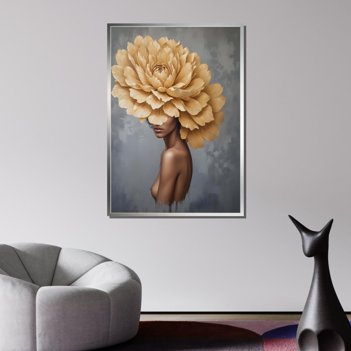 Floral Woman Art, Elegant Woman with Giant Flower Head - Botanical Surreal Portrait Art, Large Wall Art for Living Room,Framed Ready to Hang