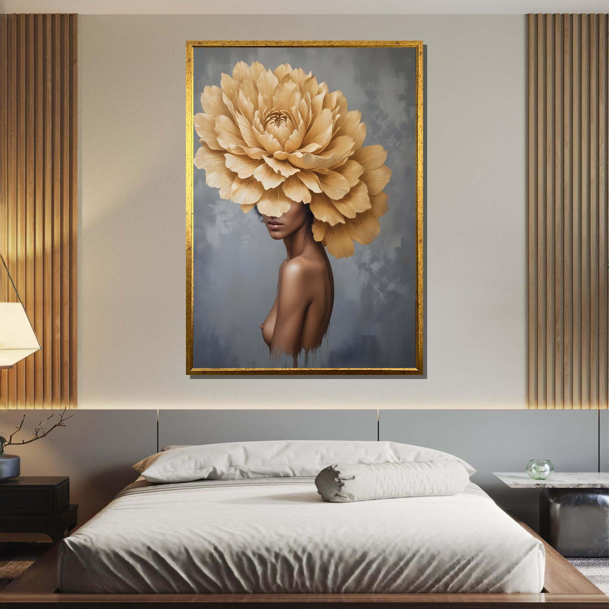 Floral Woman Art, Elegant Woman with Giant Flower Head - Botanical Surreal Portrait Art, Large Wall Art for Living Room,Framed Ready to Hang