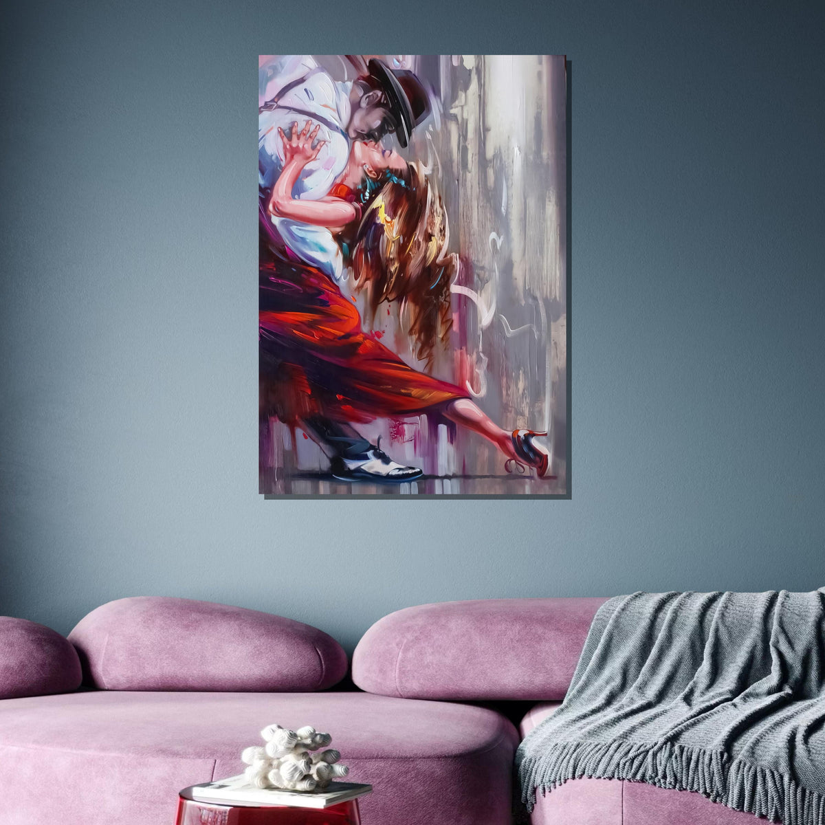 Passionate Tango Dance Canvas, Elegant Couple in Red Dress Wall Art, Romantic Dance Painting, Dancing Art, Sensual Art Print, Ready to Hang
