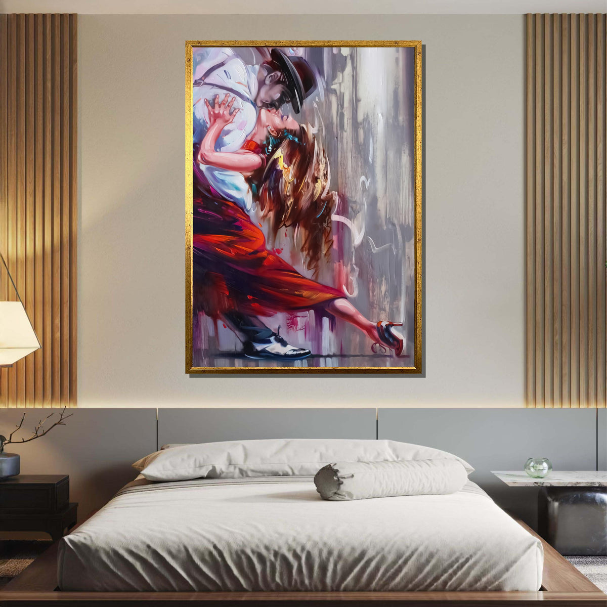 Passionate Tango Dance Canvas, Elegant Couple in Red Dress Wall Art, Romantic Dance Painting, Dancing Art, Sensual Art Print, Ready to Hang