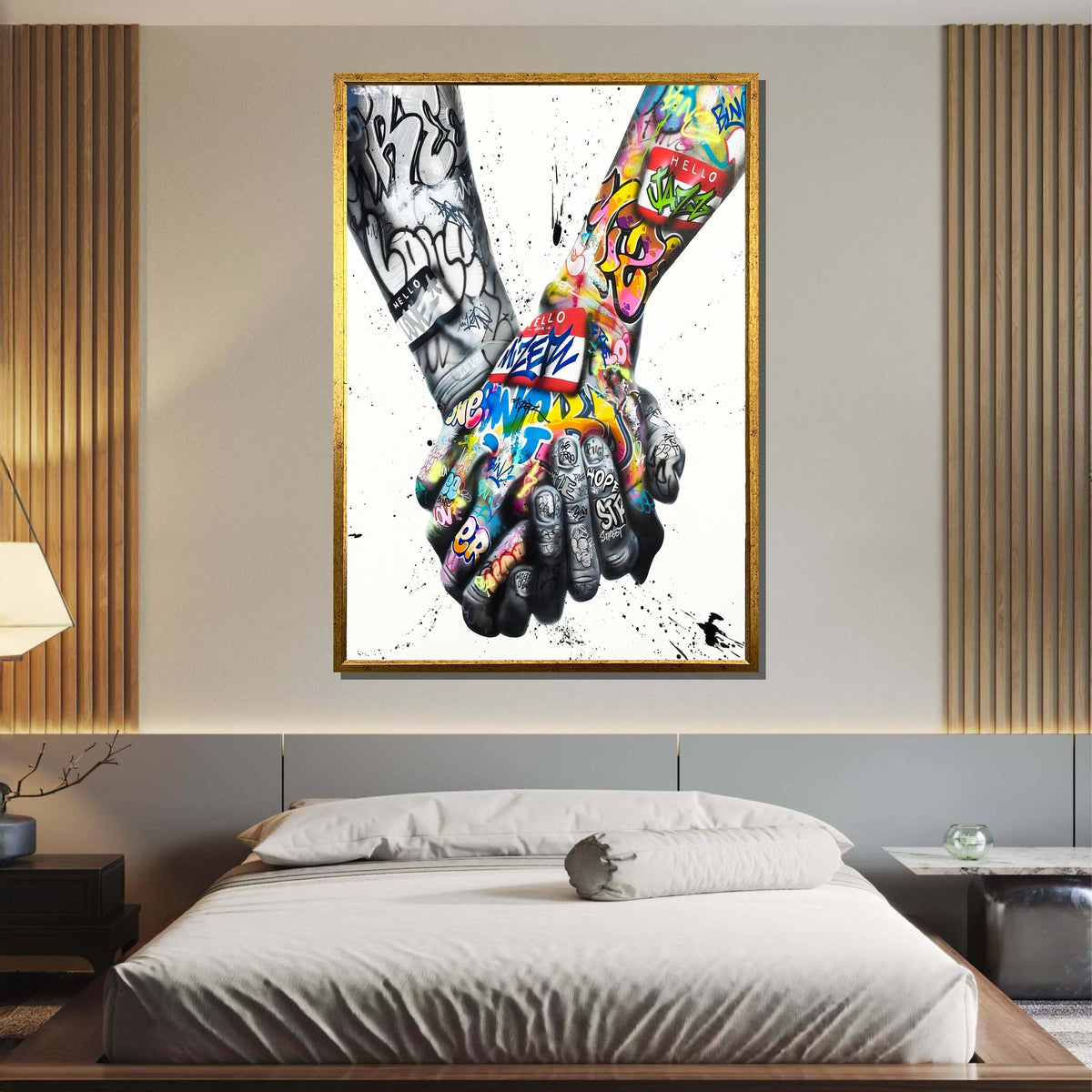 Graffiti Hands Wall Art, Urban Street Art Canvas, Colorful Handshake Graffiti Print, Modern Pop Art Decor, Ready to Hang, Bedroom Wall Decor