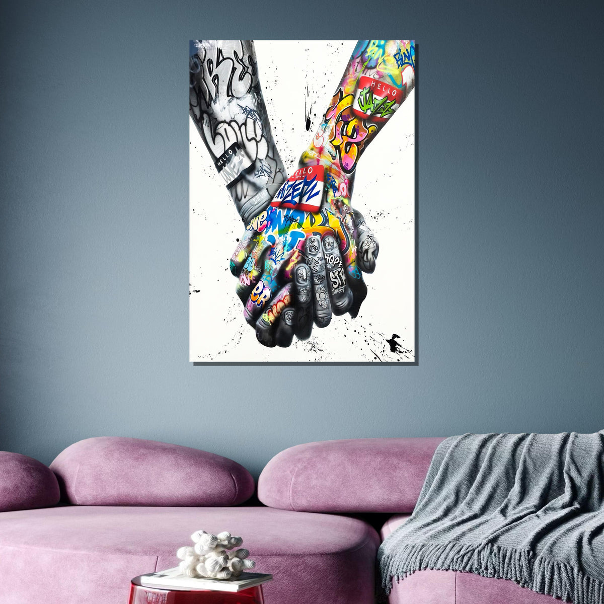 Graffiti Hands Wall Art, Urban Street Art Canvas, Colorful Handshake Graffiti Print, Modern Pop Art Decor, Ready to Hang, Bedroom Wall Decor