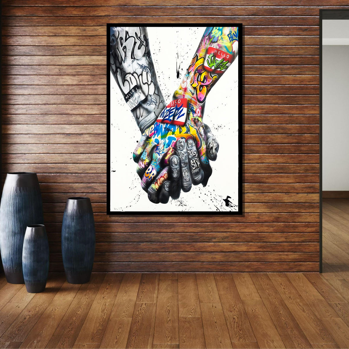 Graffiti Hands Wall Art, Urban Street Art Canvas, Colorful Handshake Graffiti Print, Modern Pop Art Decor, Ready to Hang, Bedroom Wall Decor