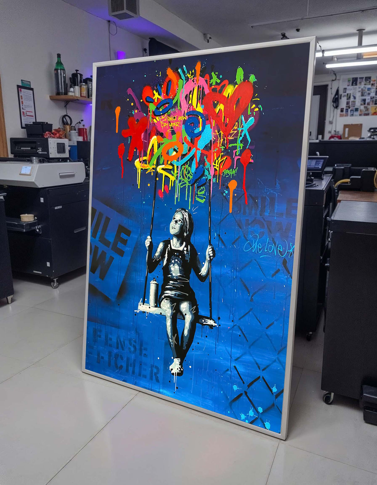 Graffiti Girl on Swing Canvas, Urban Graffiti Boy on Bench,Emotional Wall Art, Colorful Abstract Art,Ready to Hang,Bedroom,Office Decor
