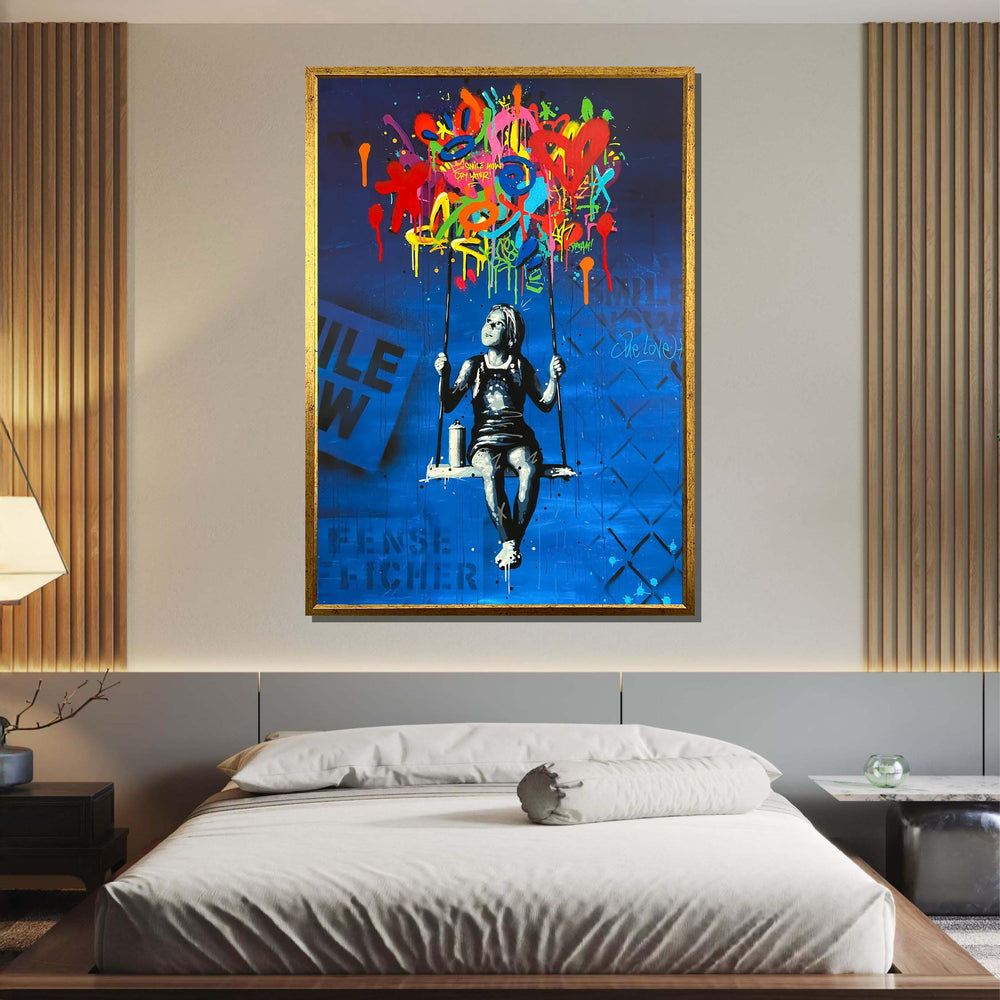 Graffiti Girl on Swing Canvas, Urban Graffiti Boy on Bench,Emotional Wall Art, Colorful Abstract Art,Ready to Hang,Bedroom,Office Decor