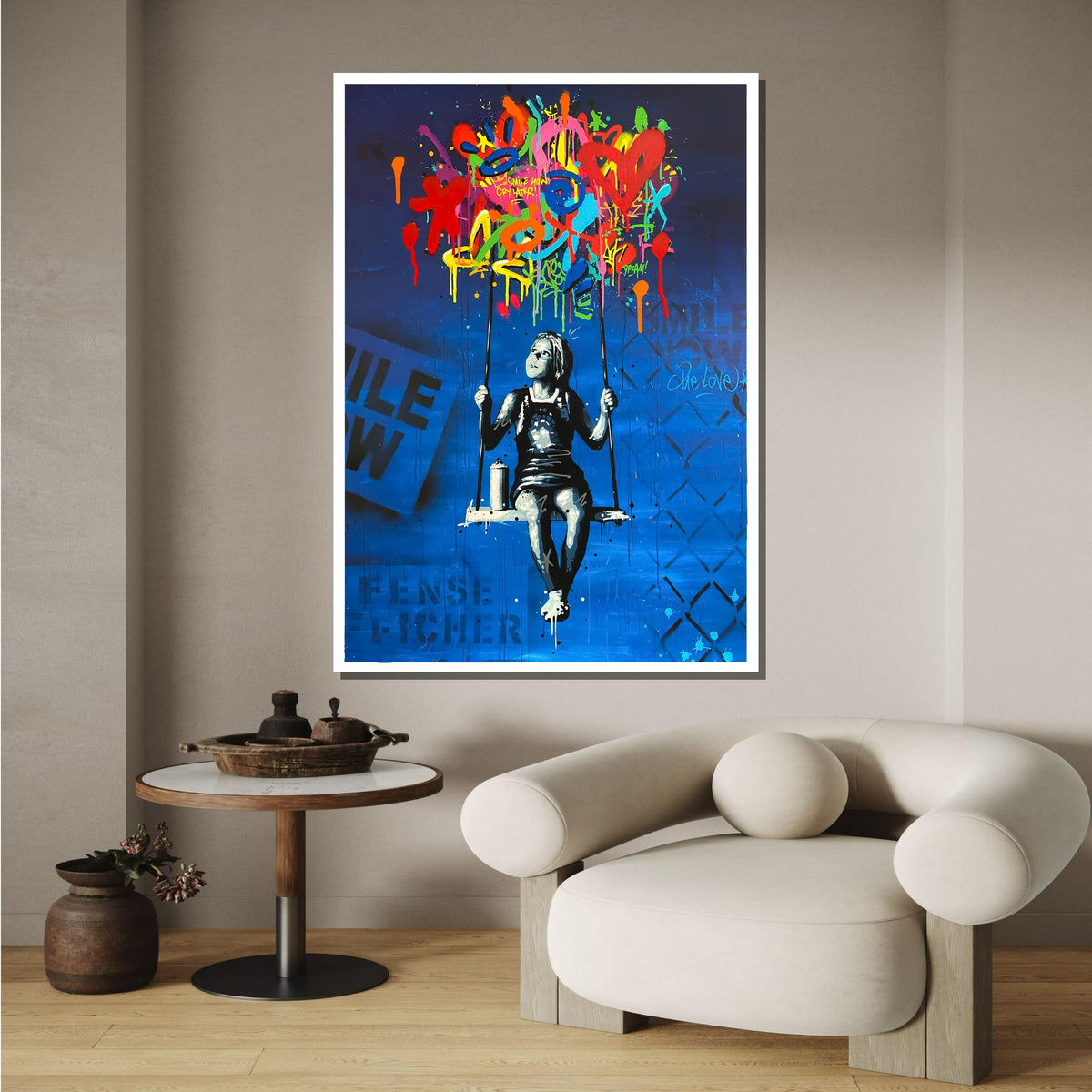Graffiti Girl on Swing Canvas, Urban Graffiti Boy on Bench,Emotional Wall Art, Colorful Abstract Art,Ready to Hang,Bedroom,Office Decor