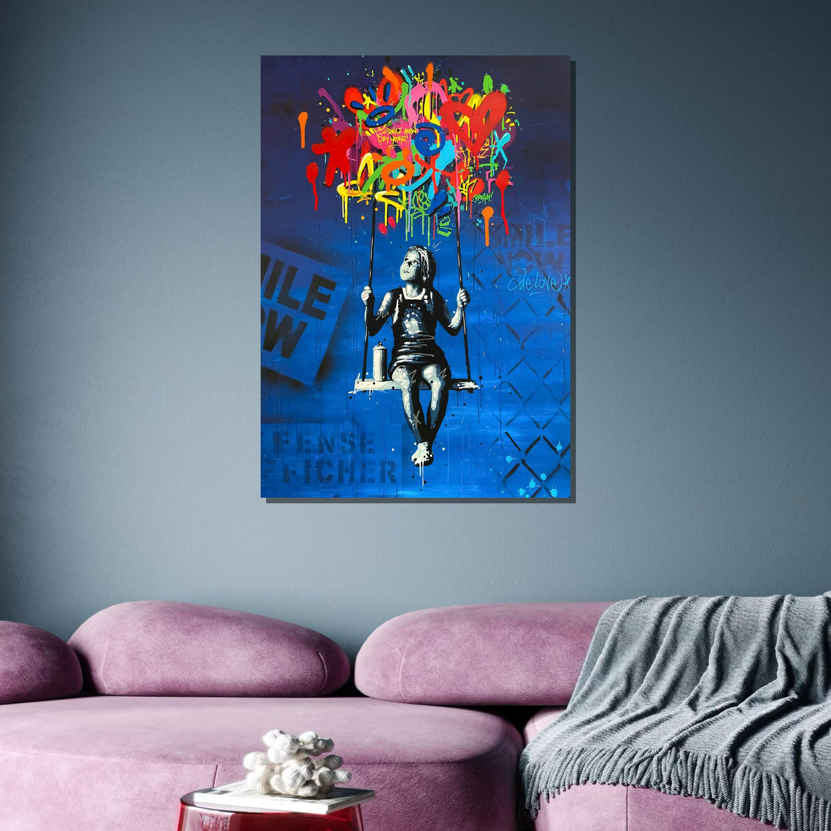 Graffiti Girl on Swing Canvas, Urban Graffiti Boy on Bench,Emotional Wall Art, Colorful Abstract Art,Ready to Hang,Bedroom,Office Decor