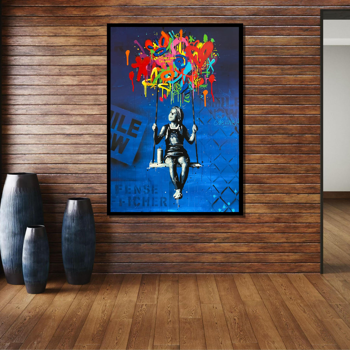 Graffiti Girl on Swing Canvas, Urban Graffiti Boy on Bench,Emotional Wall Art, Colorful Abstract Art,Ready to Hang,Bedroom,Office Decor