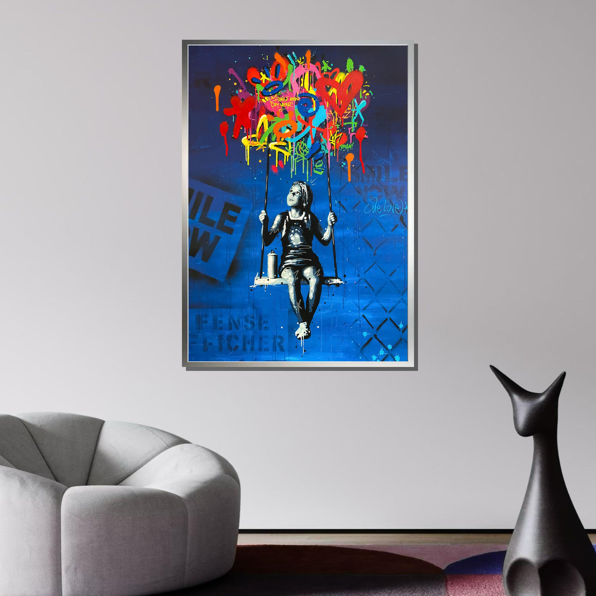 Graffiti Girl on Swing Canvas, Urban Graffiti Boy on Bench,Emotional Wall Art, Colorful Abstract Art,Ready to Hang,Bedroom,Office Decor