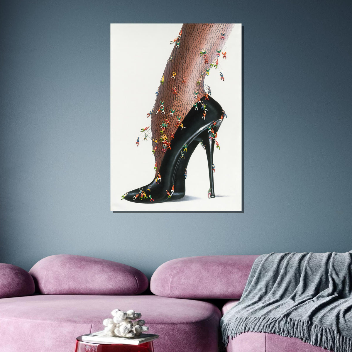 High Heel Fantasy Canvas, Surreal Fishnet Art, Miniature Climbing Figures Wall Art, Unique Fashion Statement Print, Ready to Hang