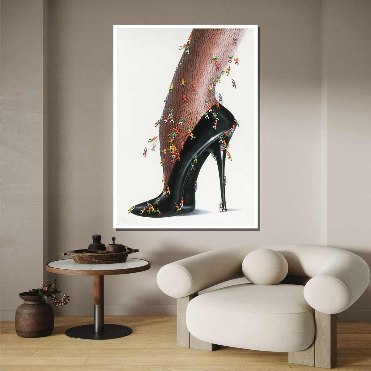 High Heel Fantasy Canvas, Surreal Fishnet Art, Miniature Climbing Figures Wall Art, Unique Fashion Statement Print, Ready to Hang