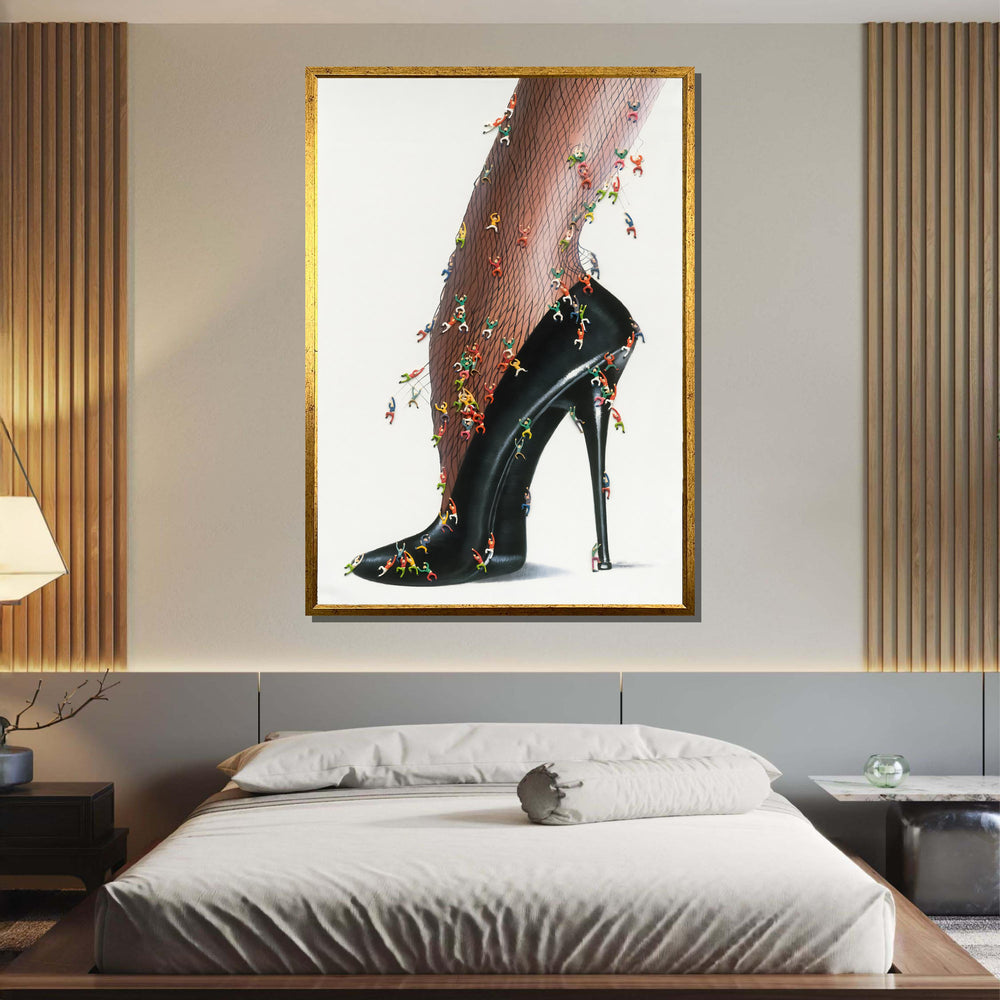 High Heel Fantasy Canvas, Surreal Fishnet Art, Miniature Climbing Figures Wall Art, Unique Fashion Statement Print, Ready to Hang