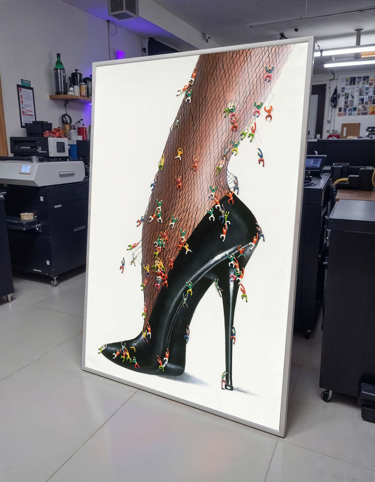 High Heel Fantasy Canvas, Surreal Fishnet Art, Miniature Climbing Figures Wall Art, Unique Fashion Statement Print, Ready to Hang
