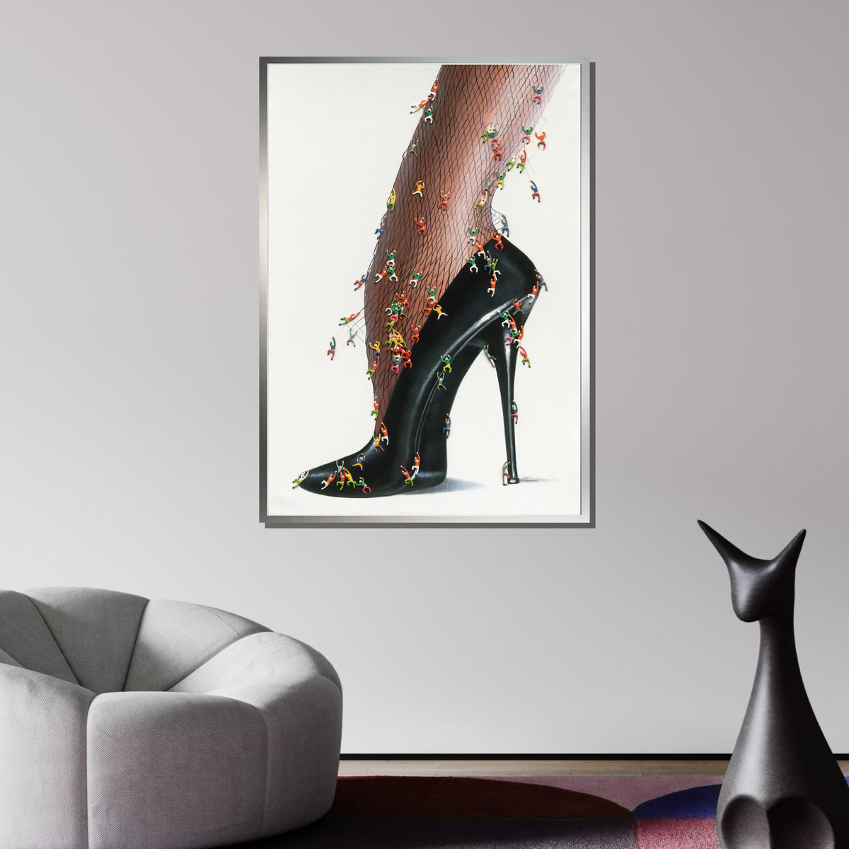 High Heel Fantasy Canvas, Surreal Fishnet Art, Miniature Climbing Figures Wall Art, Unique Fashion Statement Print, Ready to Hang
