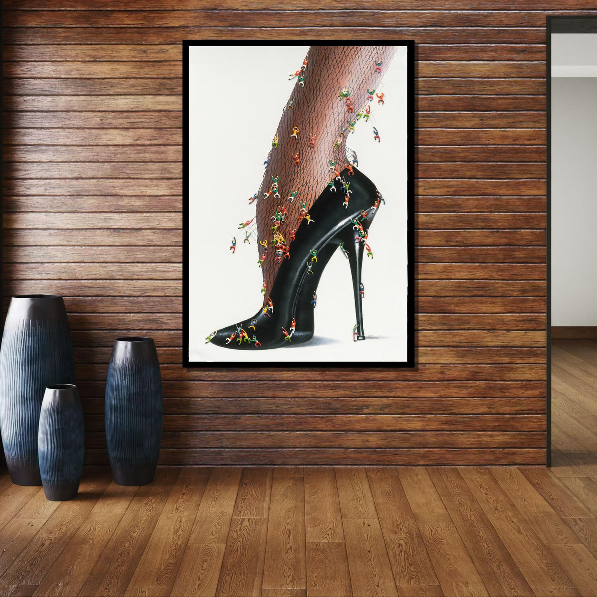 High Heel Fantasy Canvas, Surreal Fishnet Art, Miniature Climbing Figures Wall Art, Unique Fashion Statement Print, Ready to Hang