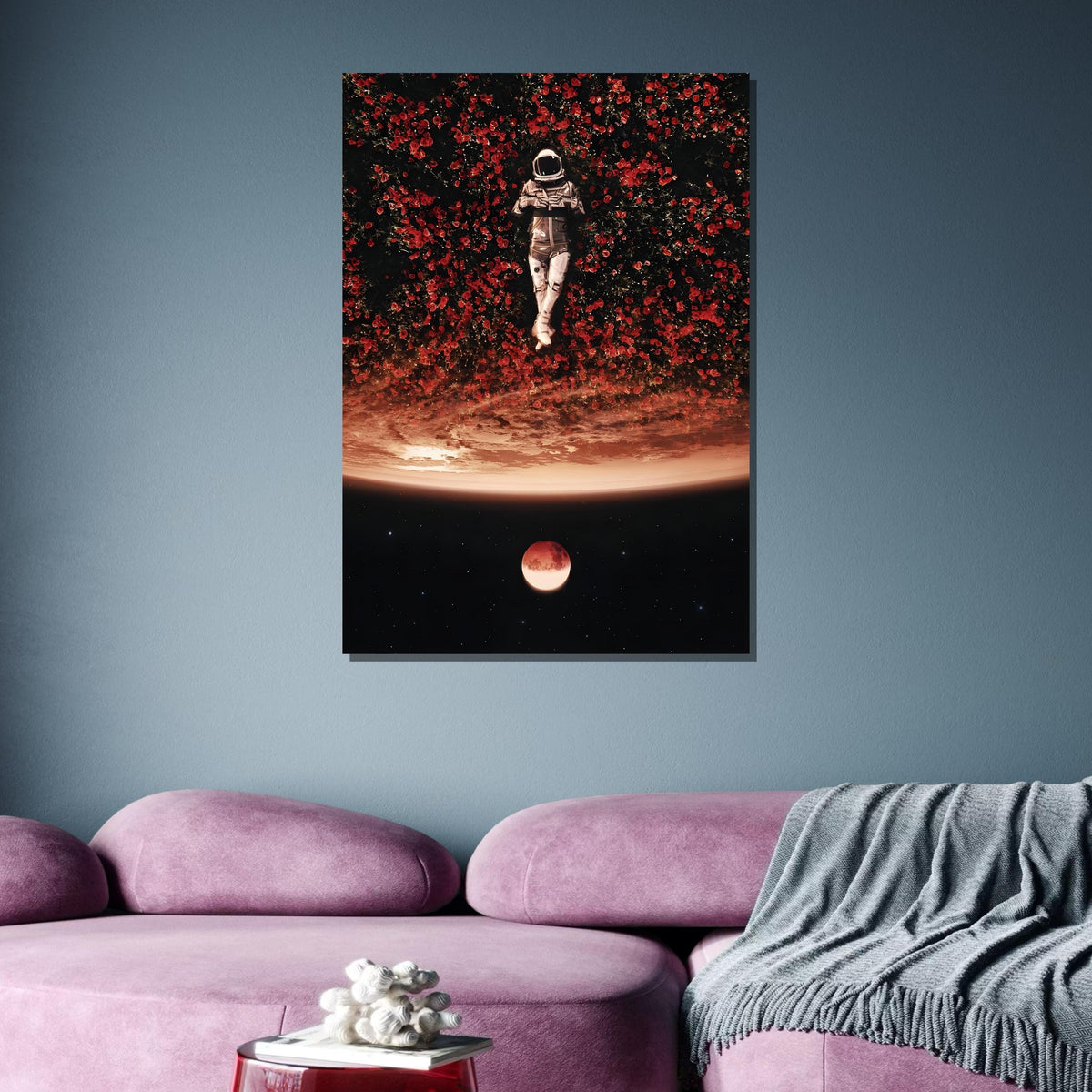 Cosmic Dreamer Astronaut Art Print, Space and Flowers Surreal Wall Art,Astronaut in Red Blossoms, Celestial Night Sky Decor,Dreamy Space Art