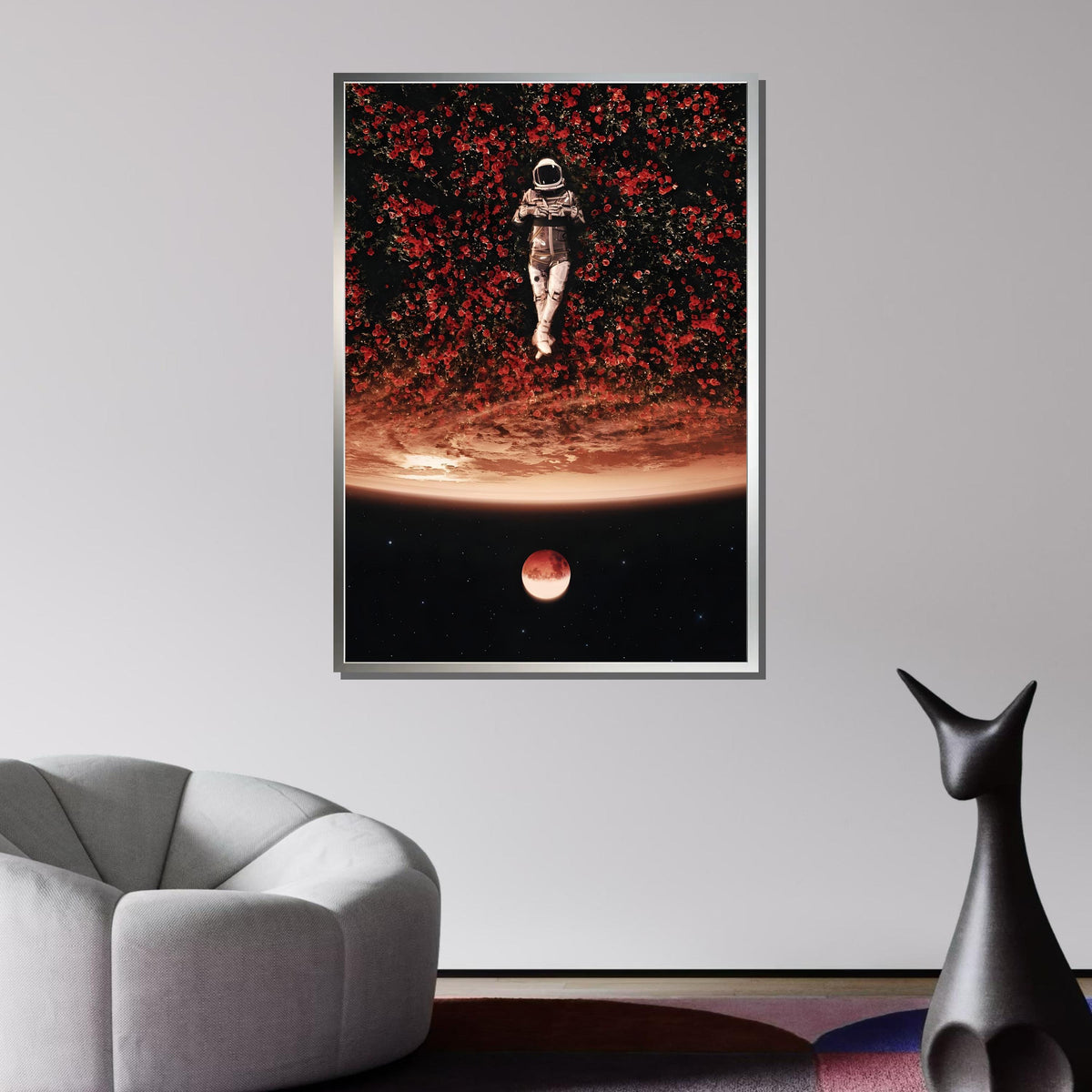 Cosmic Dreamer Astronaut Art Print, Space and Flowers Surreal Wall Art,Astronaut in Red Blossoms, Celestial Night Sky Decor,Dreamy Space Art