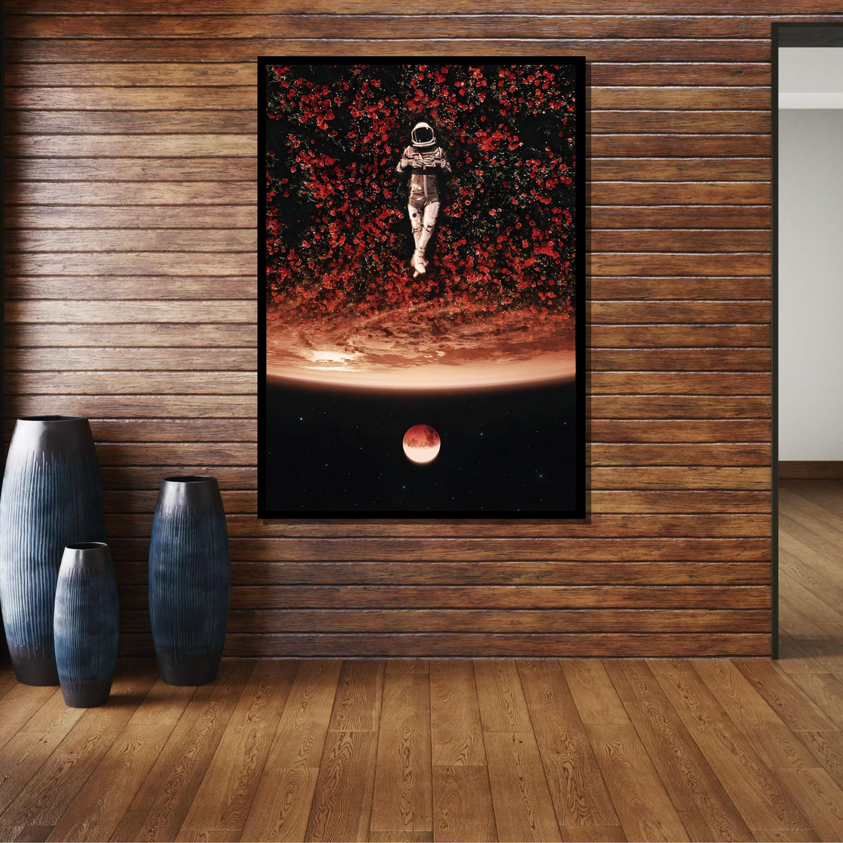 Cosmic Dreamer Astronaut Art Print, Space and Flowers Surreal Wall Art,Astronaut in Red Blossoms, Celestial Night Sky Decor,Dreamy Space Art