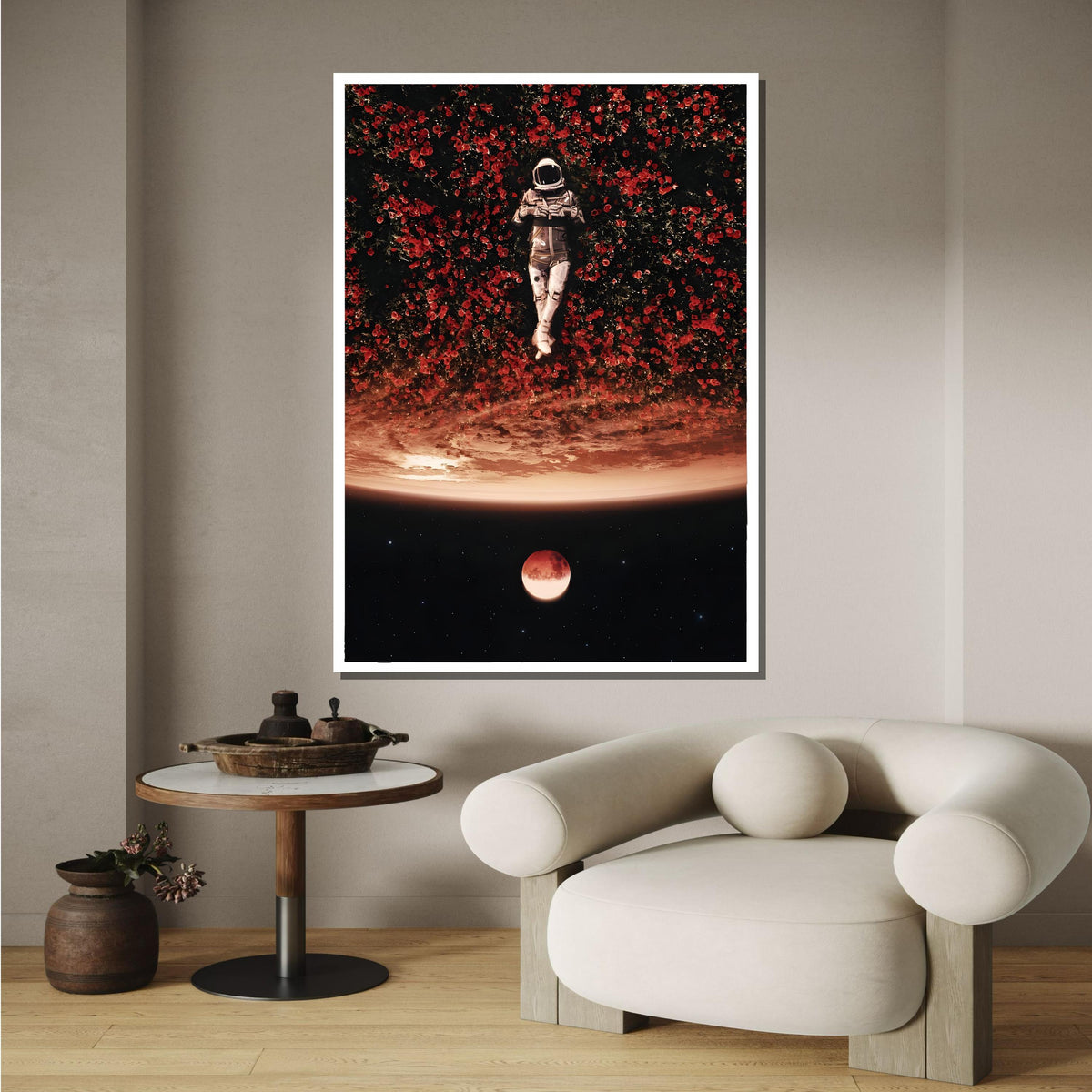 Cosmic Dreamer Astronaut Art Print, Space and Flowers Surreal Wall Art,Astronaut in Red Blossoms, Celestial Night Sky Decor,Dreamy Space Art