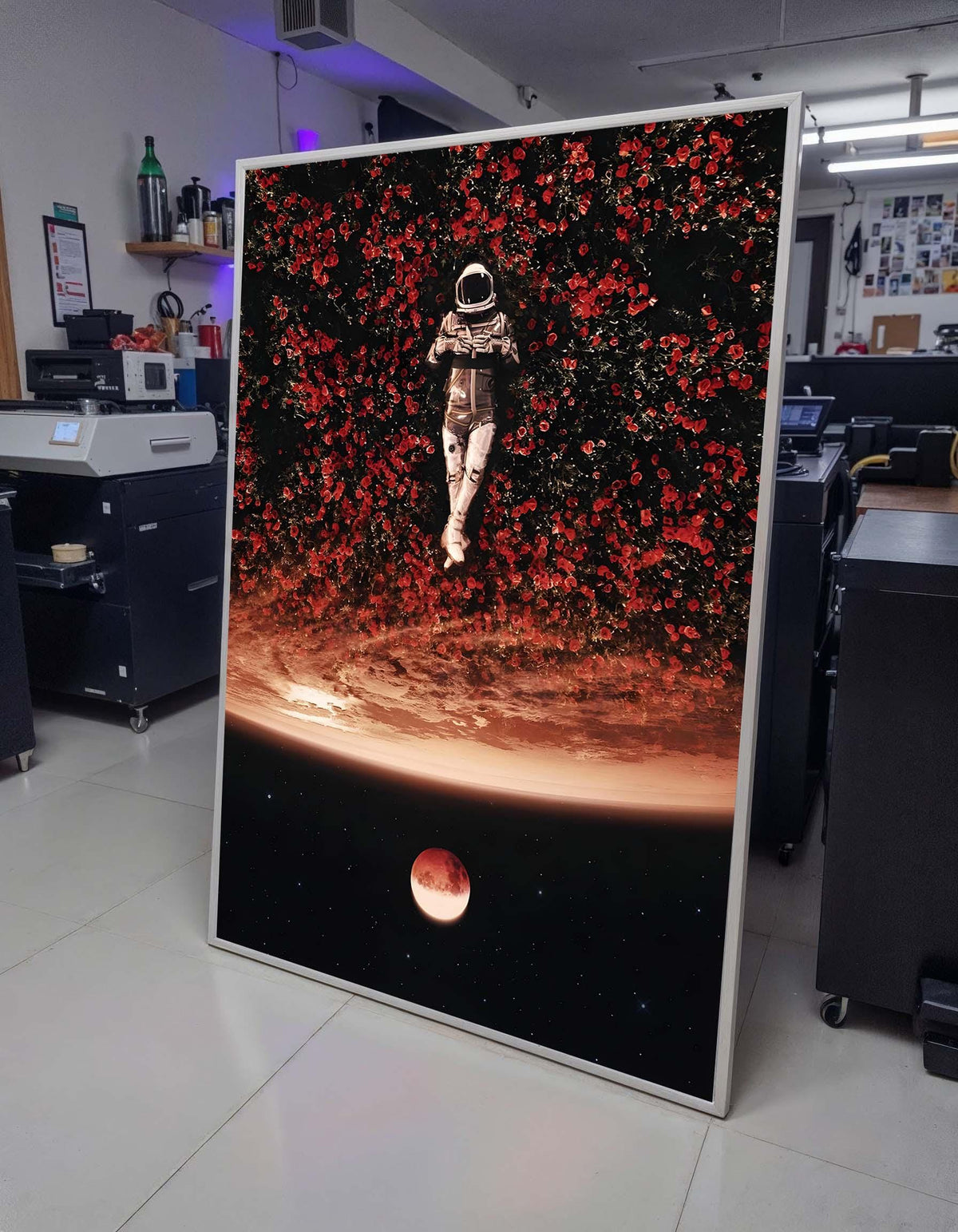Cosmic Dreamer Astronaut Art Print, Space and Flowers Surreal Wall Art,Astronaut in Red Blossoms, Celestial Night Sky Decor,Dreamy Space Art