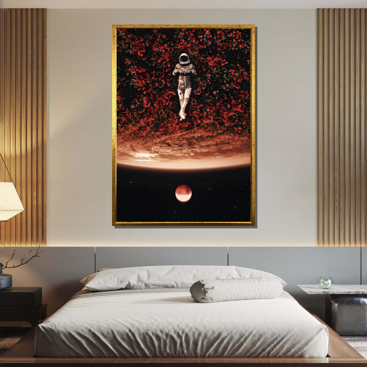 Cosmic Dreamer Astronaut Art Print, Space and Flowers Surreal Wall Art,Astronaut in Red Blossoms, Celestial Night Sky Decor,Dreamy Space Art