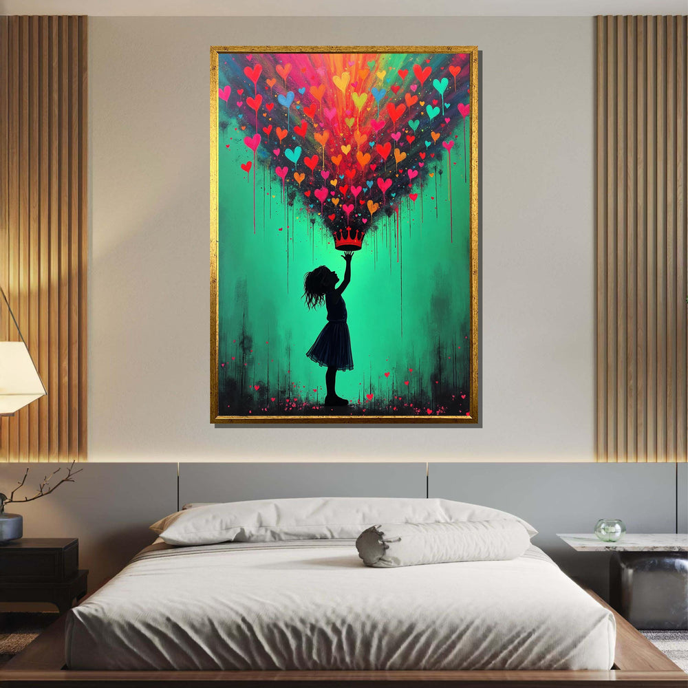 Heart Crown Girl Art Print, Whimsical Street Art Decor, Colorful Heart Painting,Urban Contemporary Canvas,Heart Wall Art Ready to Hang Decor