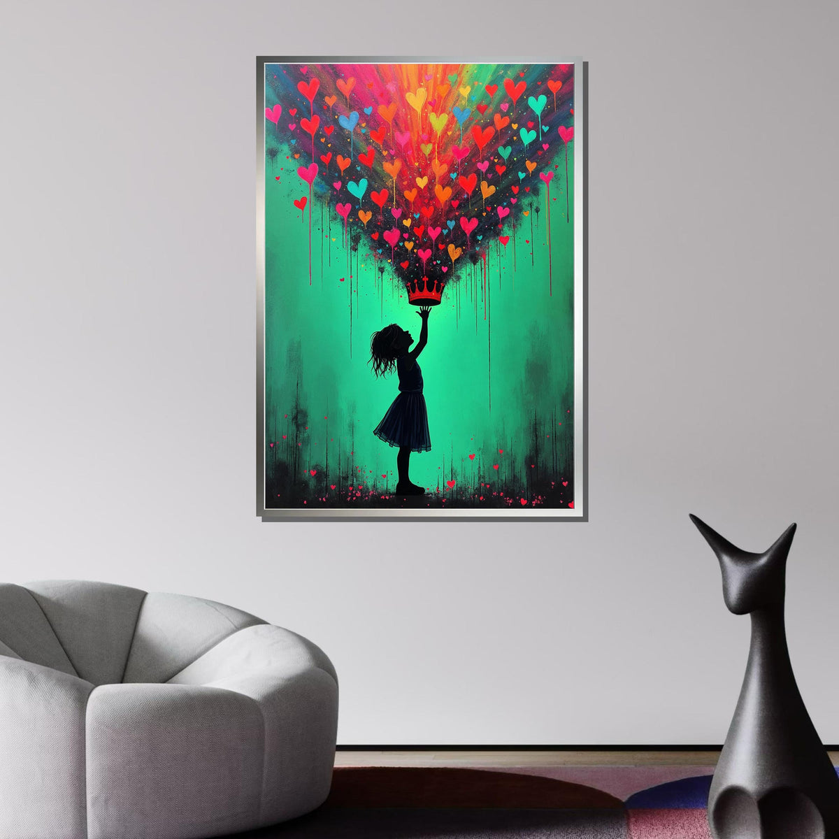 Heart Crown Girl Art Print, Whimsical Street Art Decor, Colorful Heart Painting,Urban Contemporary Canvas,Heart Wall Art Ready to Hang Decor