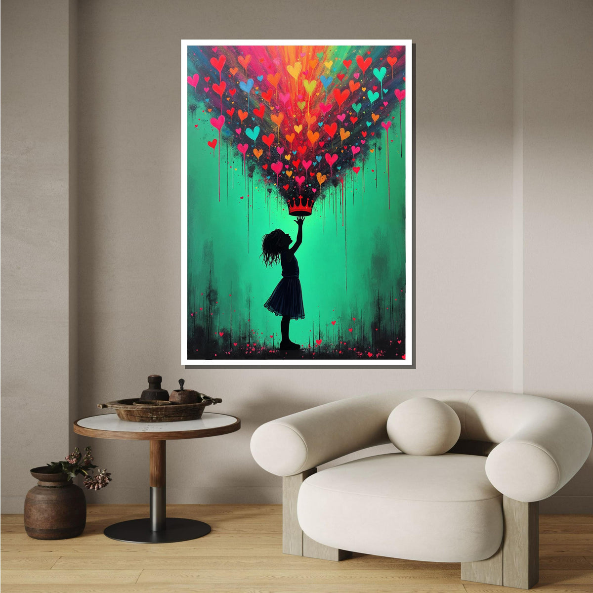 Heart Crown Girl Art Print, Whimsical Street Art Decor, Colorful Heart Painting,Urban Contemporary Canvas,Heart Wall Art Ready to Hang Decor