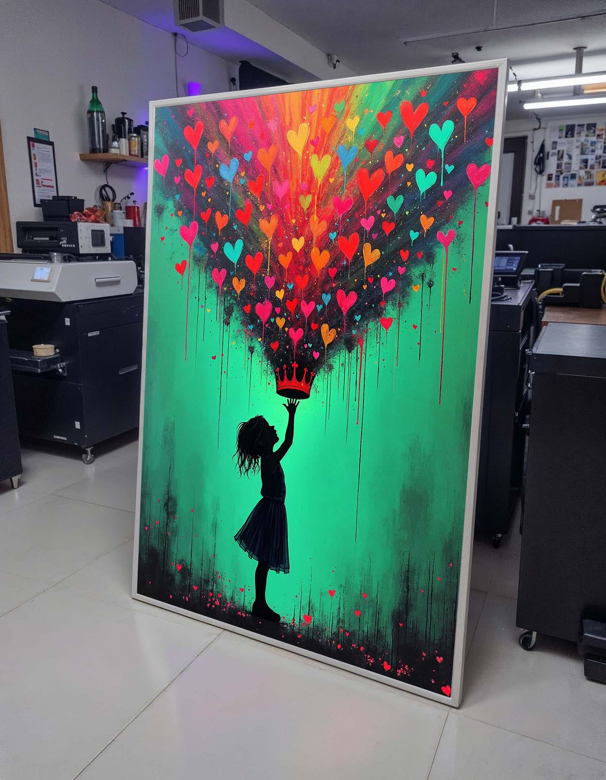 Heart Crown Girl Art Print, Whimsical Street Art Decor, Colorful Heart Painting,Urban Contemporary Canvas,Heart Wall Art Ready to Hang Decor