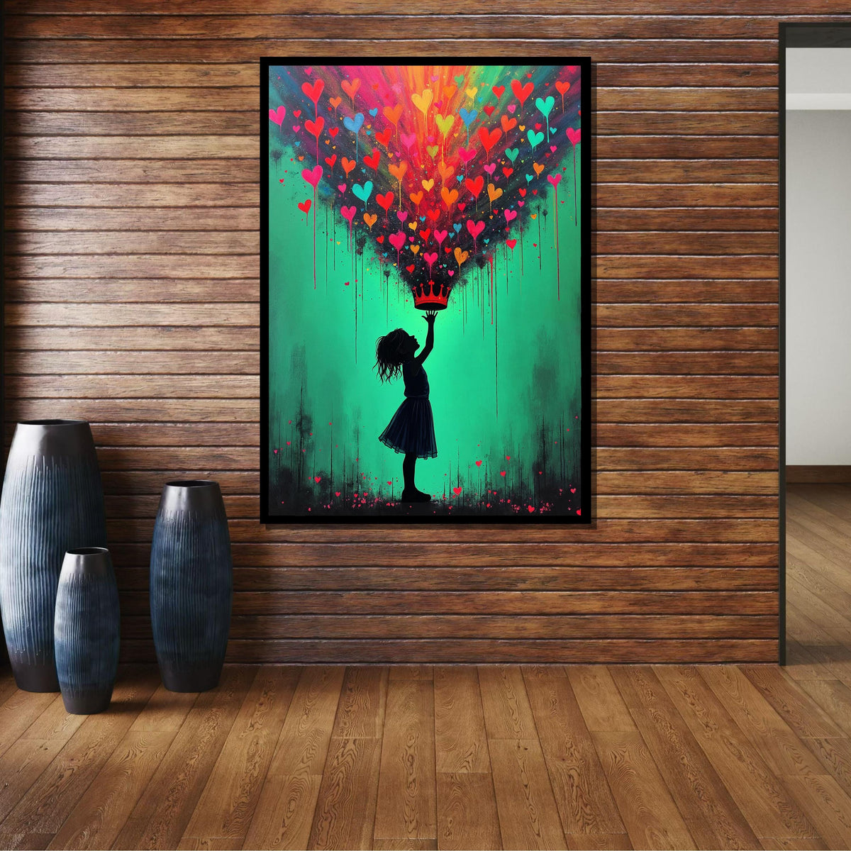 Heart Crown Girl Art Print, Whimsical Street Art Decor, Colorful Heart Painting,Urban Contemporary Canvas,Heart Wall Art Ready to Hang Decor