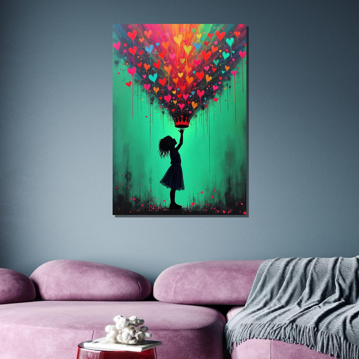 Heart Crown Girl Art Print, Whimsical Street Art Decor, Colorful Heart Painting,Urban Contemporary Canvas,Heart Wall Art Ready to Hang Decor