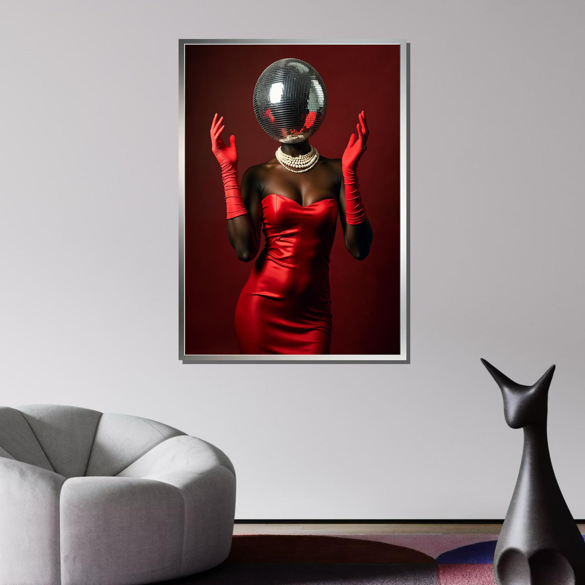 Afro Woman, Disco Ball Head Art Print, Glam Red Dress Wall Art, Retro Fashion Decor, Elegant Disco Glamour, Unique Party Art,Ready to Hang