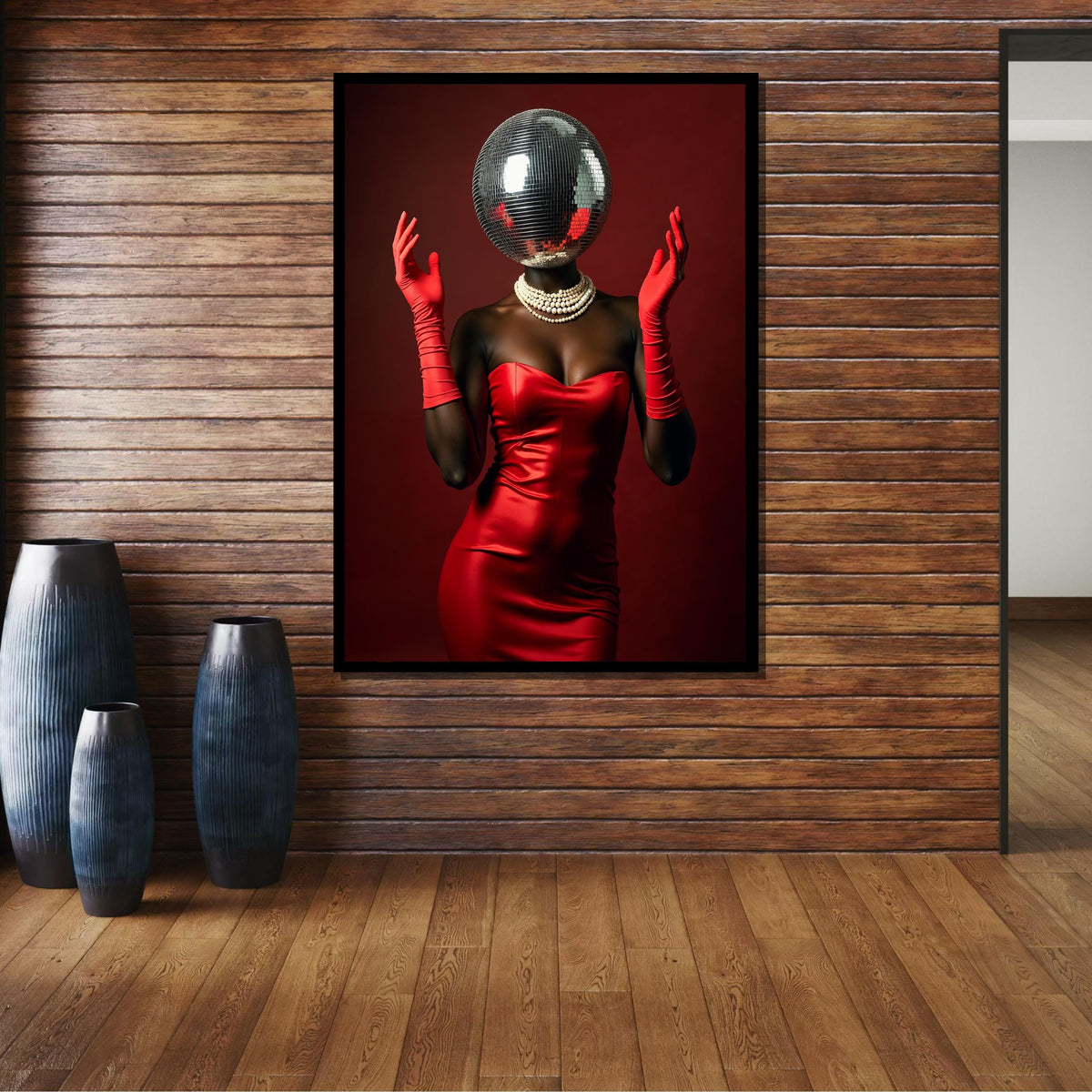 Afro Woman, Disco Ball Head Art Print, Glam Red Dress Wall Art, Retro Fashion Decor, Elegant Disco Glamour, Unique Party Art,Ready to Hang