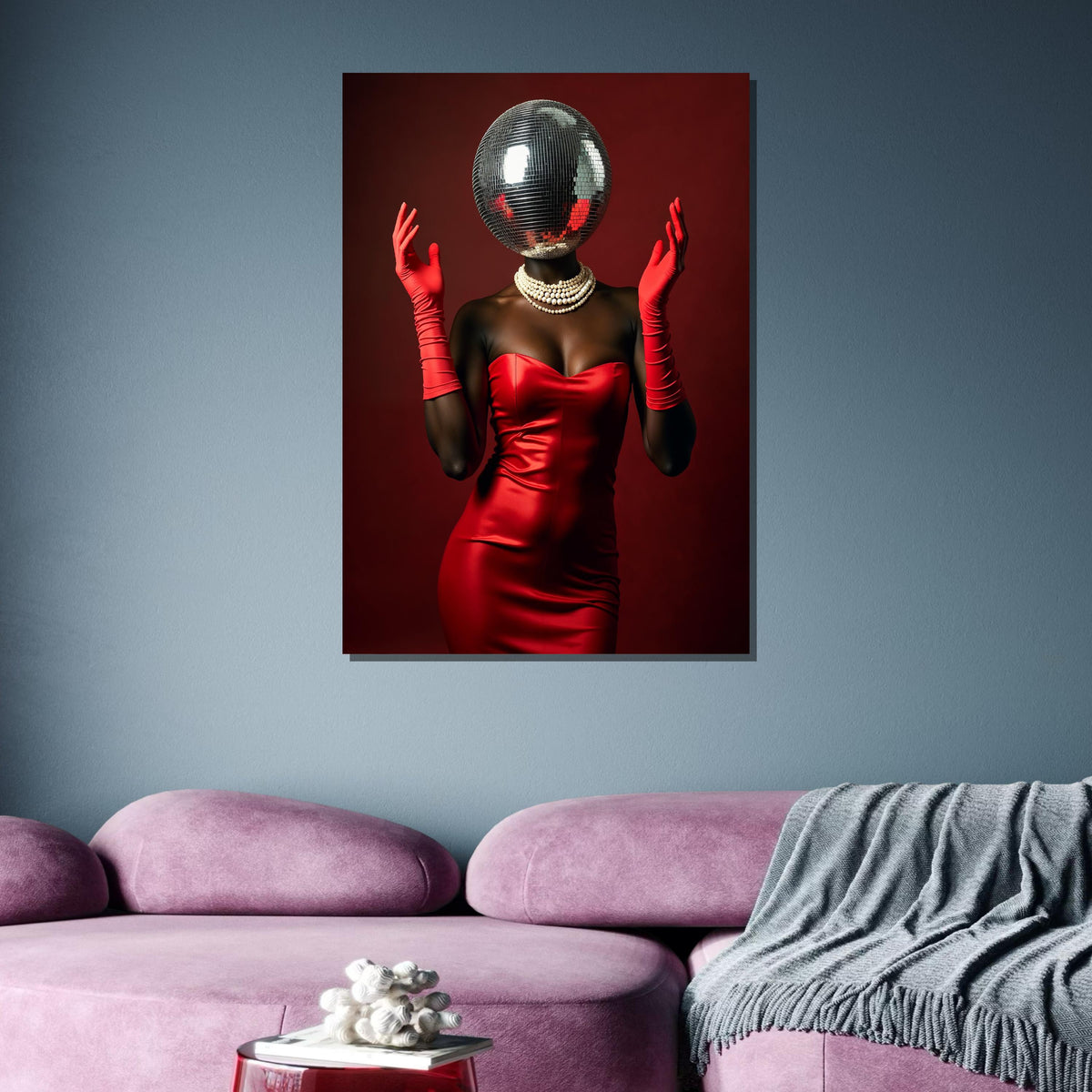 Afro Woman, Disco Ball Head Art Print, Glam Red Dress Wall Art, Retro Fashion Decor, Elegant Disco Glamour, Unique Party Art,Ready to Hang