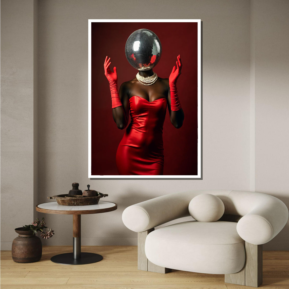 Afro Woman, Disco Ball Head Art Print, Glam Red Dress Wall Art, Retro Fashion Decor, Elegant Disco Glamour, Unique Party Art,Ready to Hang
