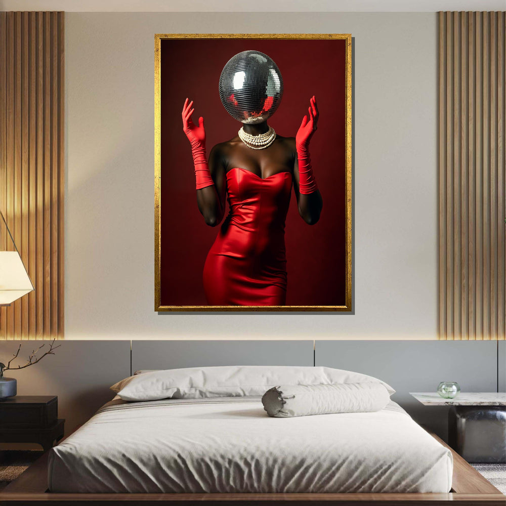 Afro Woman, Disco Ball Head Art Print, Glam Red Dress Wall Art, Retro Fashion Decor, Elegant Disco Glamour, Unique Party Art,Ready to Hang