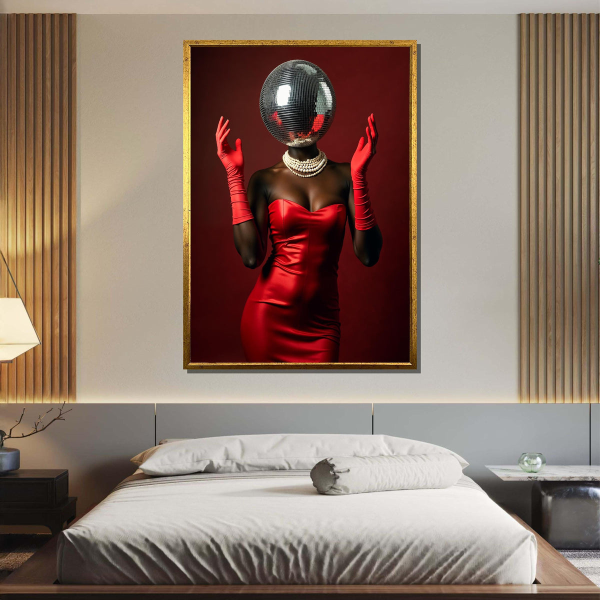 Afro Woman, Disco Ball Head Art Print, Glam Red Dress Wall Art, Retro Fashion Decor, Elegant Disco Glamour, Unique Party Art,Ready to Hang